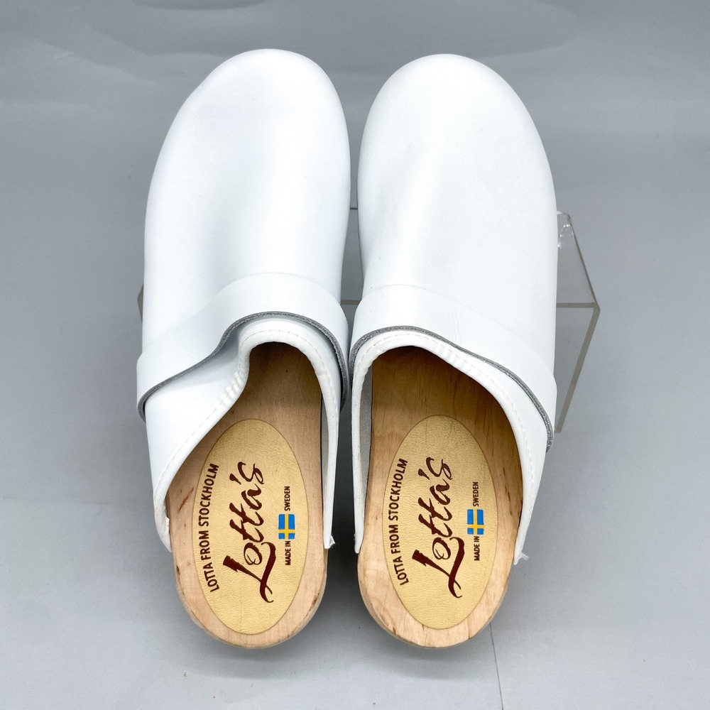 Lotta From Stockholm Womens 38 7.5 White Leather Classic Swedish Clogs Wood Heel - Picture 7 of 12